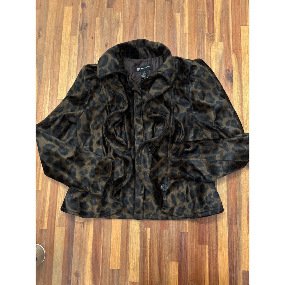 INC Leopard Faux Fur Jacket Women Medium Brown Excellent Ruffle Puff Sleeve